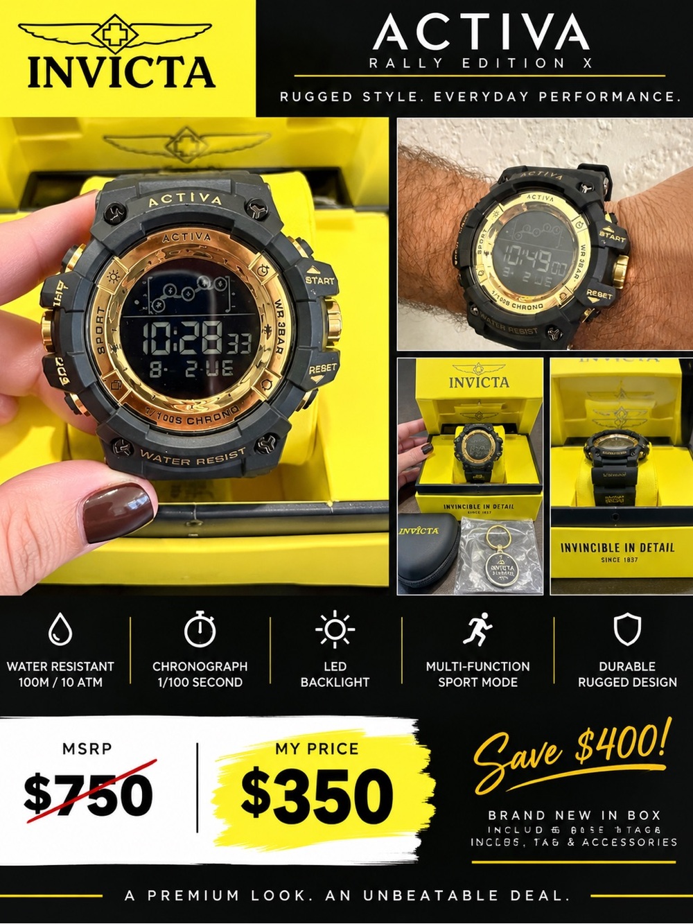 Invicta Activa Rally Edition X Black & Gold Tactical Digital Sport Watch